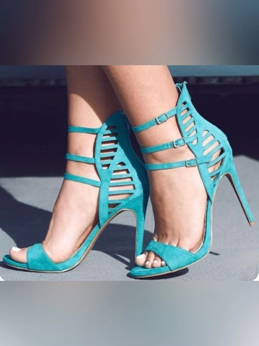 MADISON Teal Cage 3 Buckle Faux Suede Stiletto Open Toe Heels Size 9